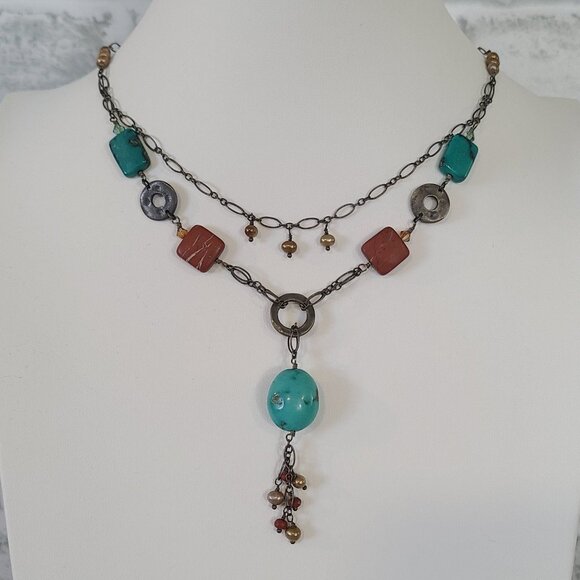 Vintage Tres Jolie Turquoise Pewter Stone Drop Necklace Boho Luxury Jewelry - Picture 1 of 10